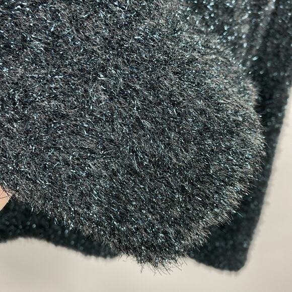 Vince Metallic Eyelash Knit Sweater Green Sparkle Crew Neck Fuzzy Women Medium - Picture 2 of 11